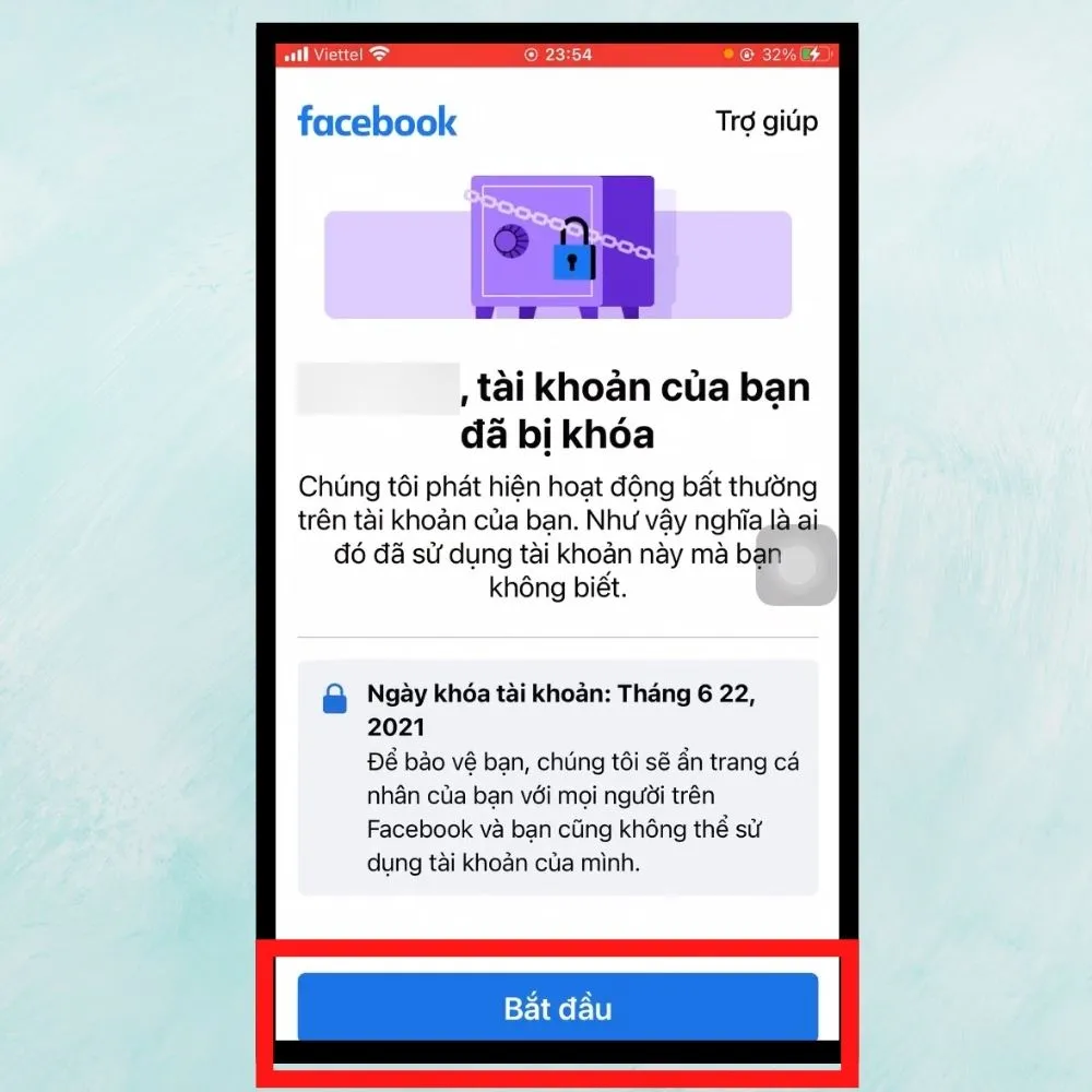 Cách mở khóa Facebook 956 bước 1 - Nhấn Bắt đầu