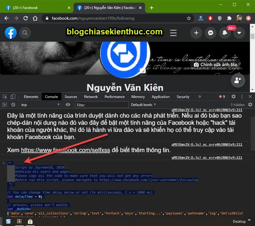 Cách mở tab Console trong công cụ Developer Tools để chạy script hủy người theo dõi