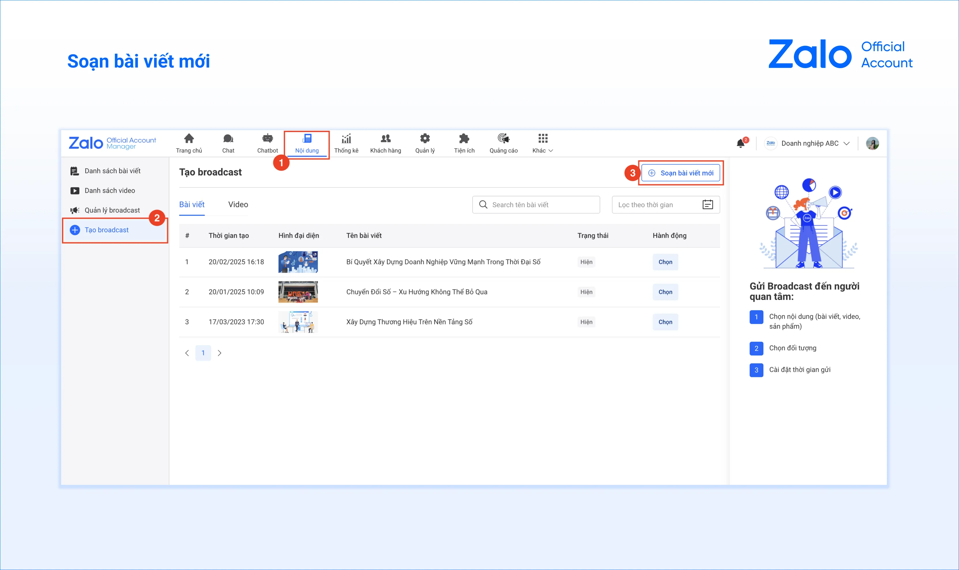 Cách soạn bài viết mới thông qua mục Tạo Broadcast, hỗ trợ phân phối video HD lên Zalo