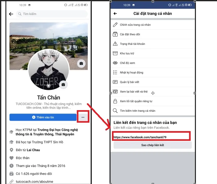 Cách tìm nút ba chấm để xem link trang cá nhân trên ứng dụng Facebook