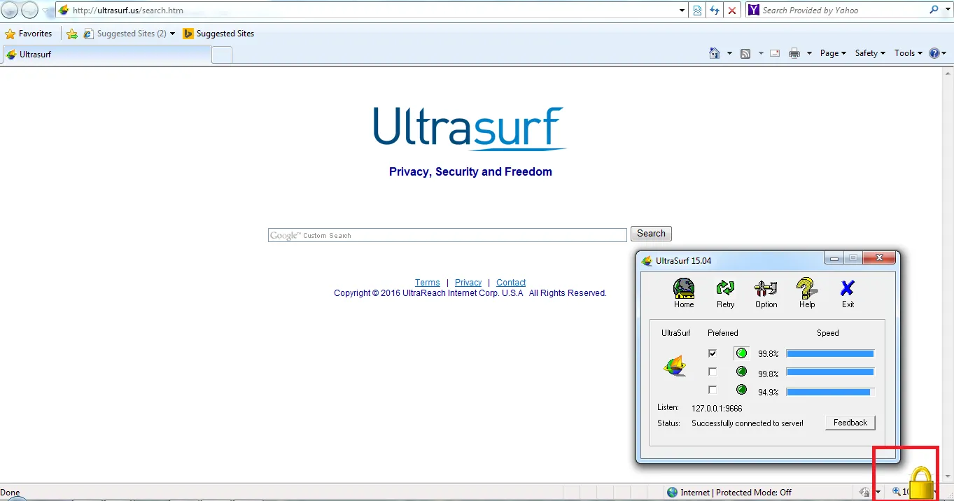 cach truy cap vao facebook - Giao diện Ultra Surf đã kết nối an toàn.