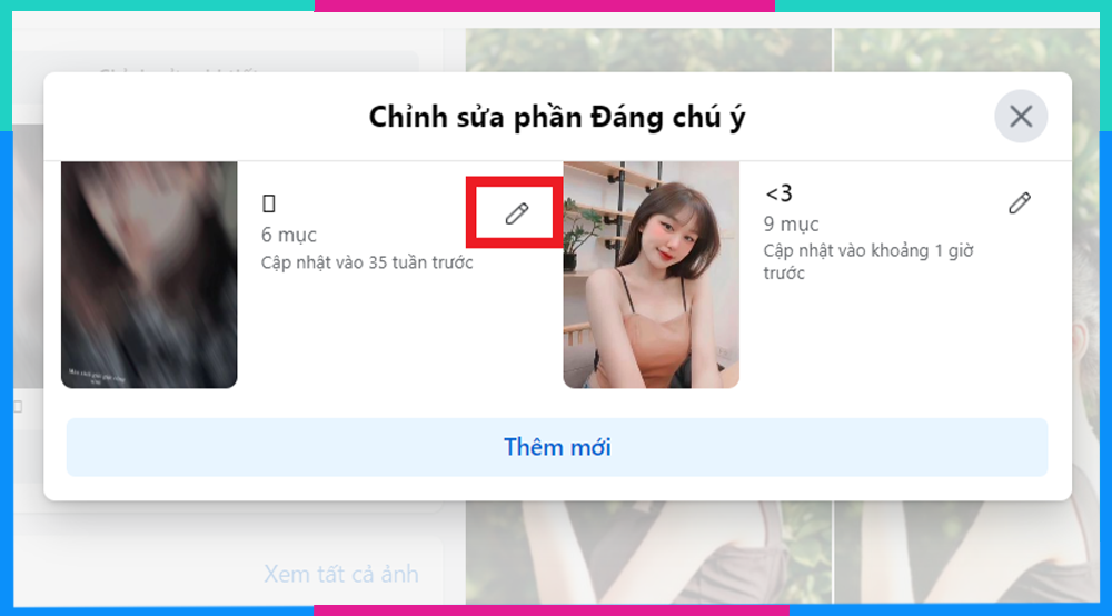 Minh họa cách chọn biểu tượng chỉnh sửa (hình cái bút) của album Nổi bật