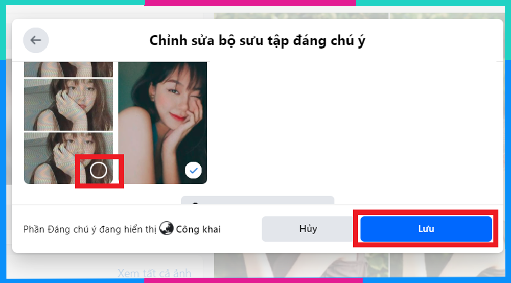 Minh họa cách bỏ chọn Story khỏi album Nổi bật và Lưu thay đổi