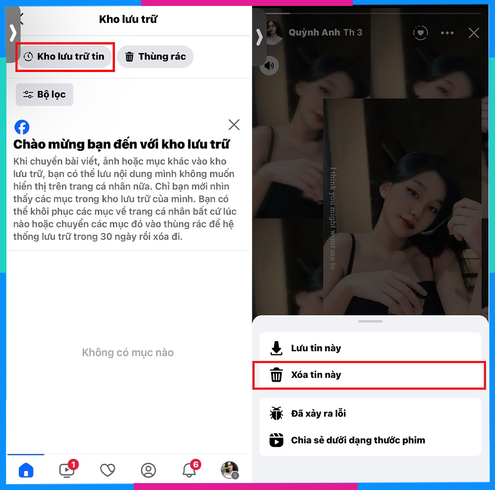 Minh họa các bước chọn story và thực hiện xóa trong Kho lưu trữ trên điện thoại