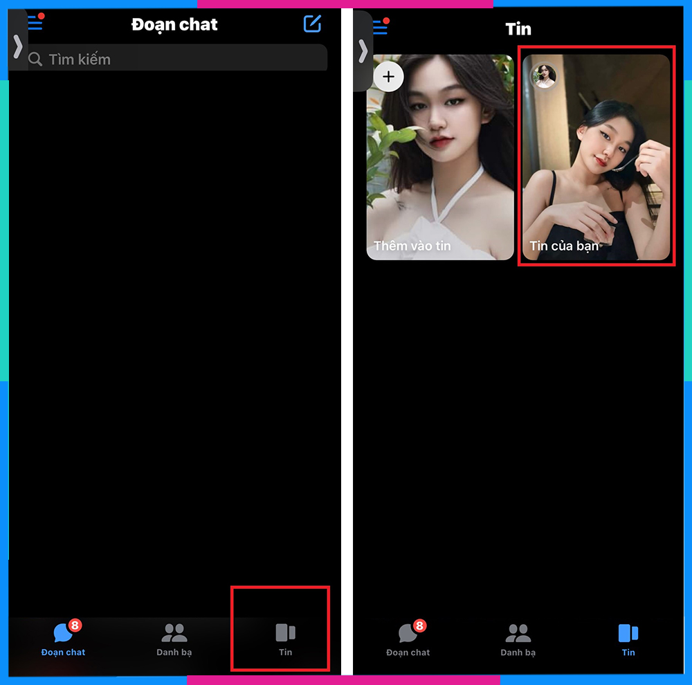 Minh họa các bước truy cập và chọn story để xóa trên Messenger điện thoại