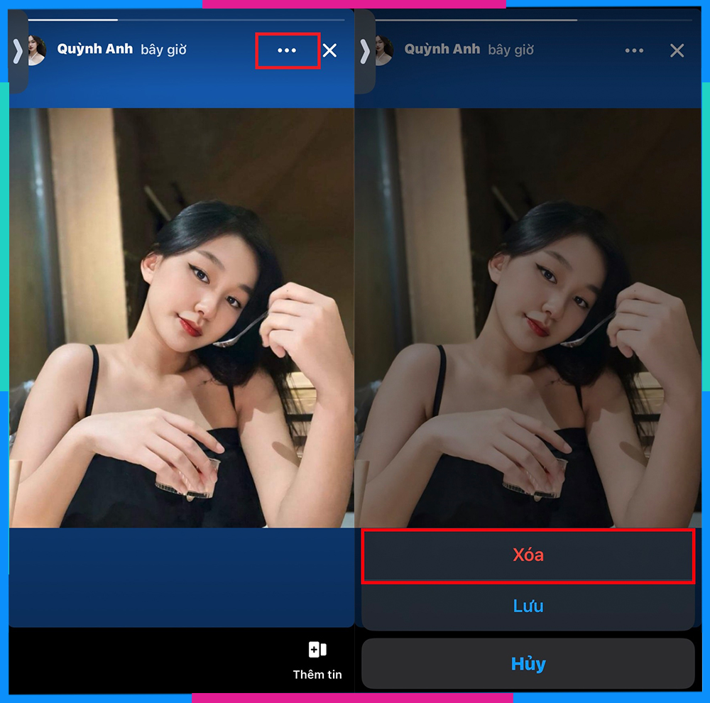 Minh họa thao tác chọn biểu tượng ba chấm và chọn Xóa Story trên Messenger