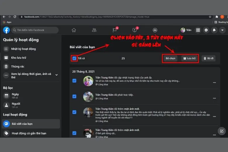 Cách xóa tất cả bài viết trên Facebook dành cho máy tính bước 3