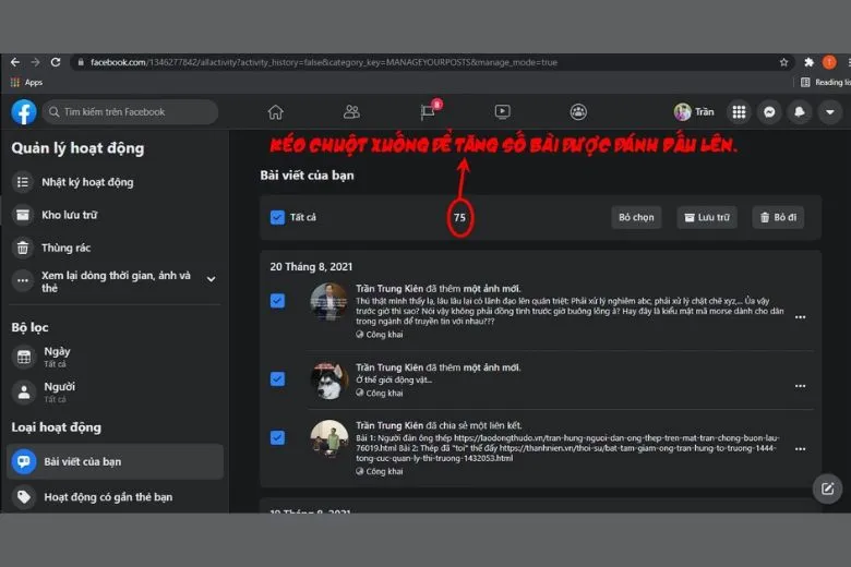Cách xóa tất cả bài viết trên Facebook dành cho máy tính bước 4