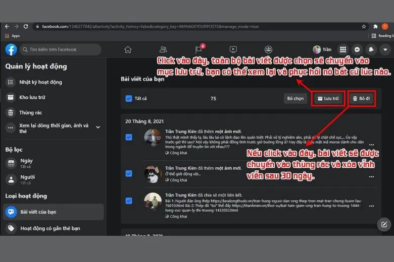 Cách xóa tất cả bài viết trên Facebook dành cho máy tính bước 5