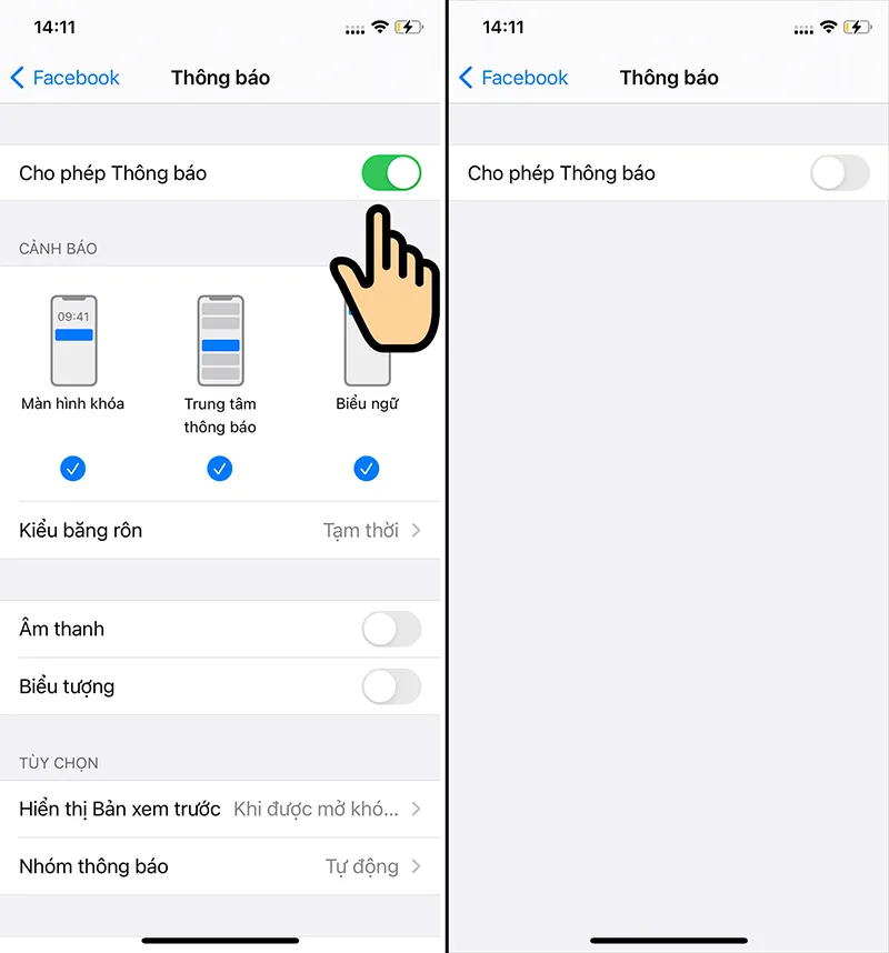 Cài đặt Cho phép thông báo đã được gạt sang trái, hoàn tất cách tắt thông báo trên facebook
