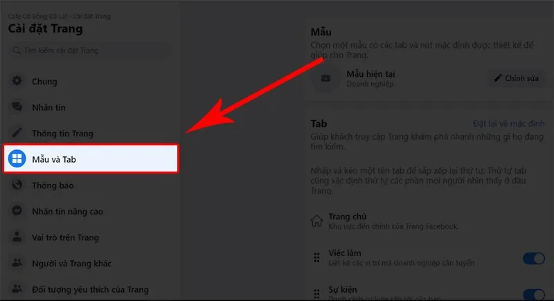 Cài đặt đánh giá Fanpage Bước 4: Chọn mục Mẫu và Tab.