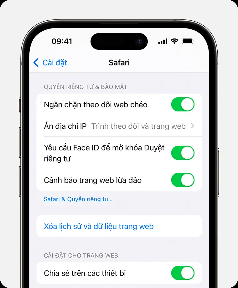 Cài đặt để xóa lịch sử và dữ liệu trang web trong Safari trên iOS
