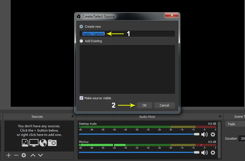 Cài đặt Display Capture để OBS bắt trọn màn hình cho cách stream game trên facebook