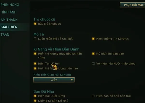 Cài đặt giao diện để điều chỉnh hiển thị tầm đánh (Range Display) khi người chơi nhấn phím A trong LoL