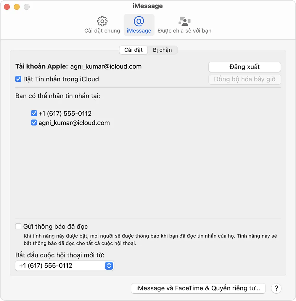 Cài đặt iMessage trên macOS, cho phép chọn số điện thoại hoặc email để bắt đầu cuộc hội thoại FaceTime