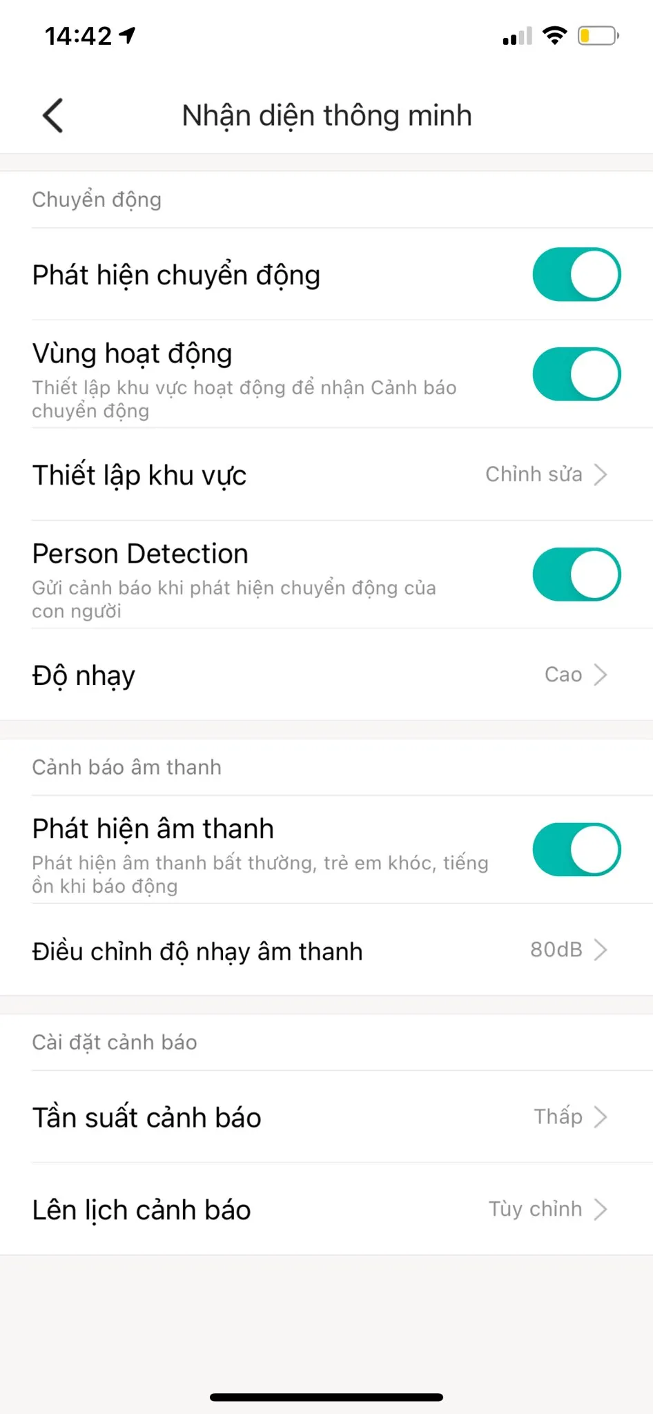 Cài đặt mức độ nhạy âm thanh cho tính năng phát hiện tiếng khóc trẻ em trên Yi Home