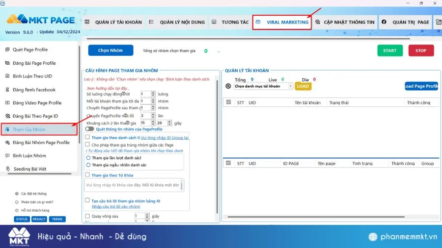 Cài đặt mục Viral Marketing và tính năng Tham gia nhóm trên phần mềm