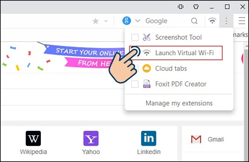 cài đặt phát wifi ảo bằng uc browser bước 2 chọn launch virtual wifi
