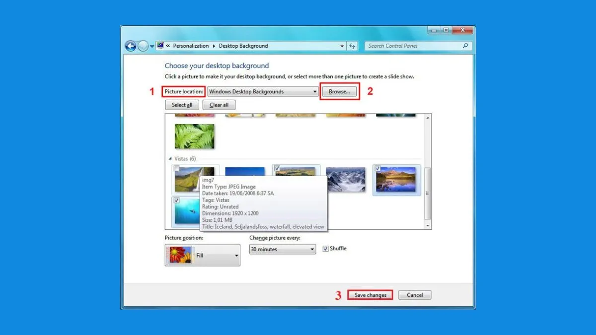 Cài đặt Picture Position và Change picture every trong mục Desktop Background của Win 7