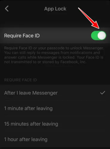 Cài đặt Require Face ID và tùy chọn thời gian tự động khóa trong App Lock