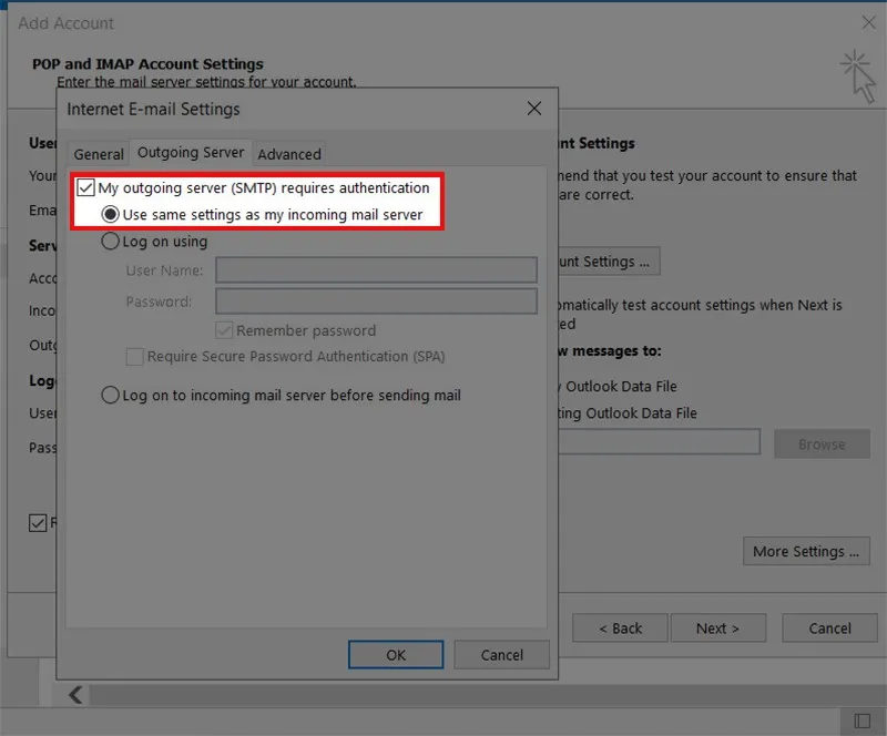 Cài đặt tab Outgoing Server khi thực hiện cách cài outlook trên laptop