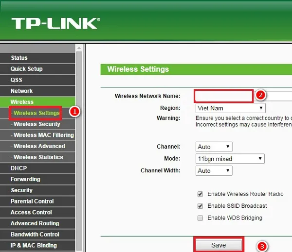 Cài đặt tên mạng WiFi và chọn vùng (Region) trên modem TP-Link