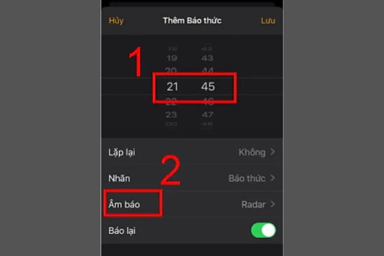 Cài đặt thời gian báo thức và chọn Âm Báo