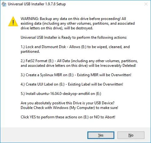 Cảnh báo khi cài đặt Linux vào USB và lựa chọn 'Yes' để tiếp tục