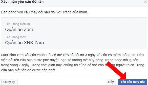 Cảnh chụp màn hình minh họa hộp thoại cuối cùng để Xác nhận yêu cầu đổi tên, hiển thị Tên trang hiện tại và Tên trang mới.