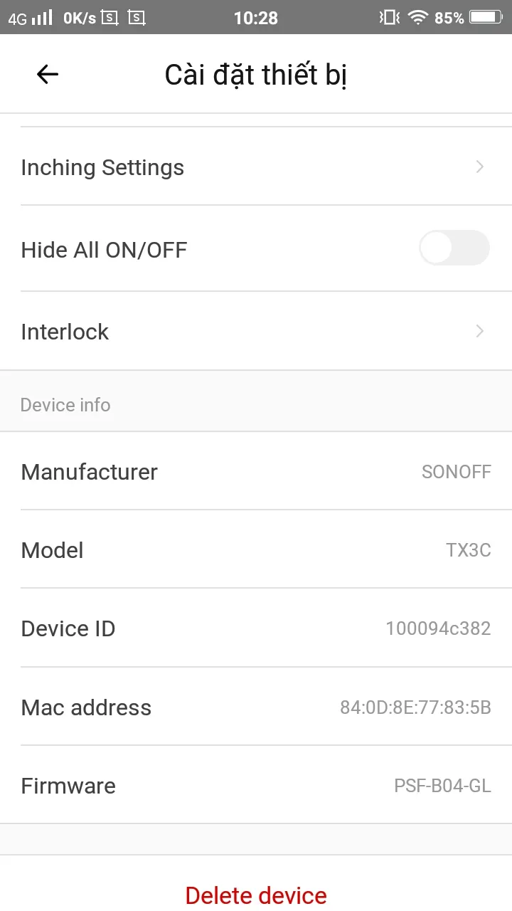 Cập nhật firmware và thông tin chi tiết thiết bị Sonoff