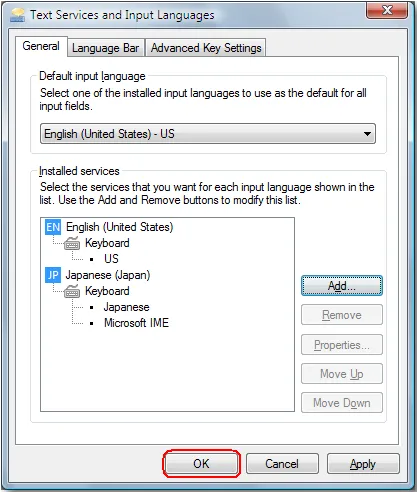 Cấu hình Japanese trong Installed Services để cài đặt IME