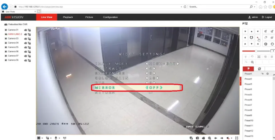 Cấu hình lật hình ảnh tại mục Mirror trong Video Settings của đầu ghi