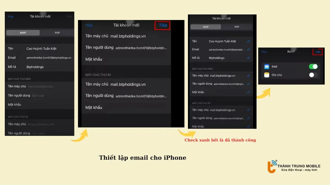 Cấu hình máy chủ thư đến và thư đi, chọn giao thức IMAP hoặc POP để hoàn tất cài đặt mail công ty trên iPhone.