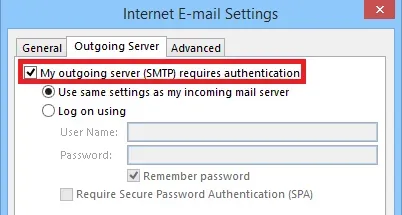 Cấu hình Outgoing Server trong More Settings, tích chọn vào My outgoing server (SMTP) requires authentication