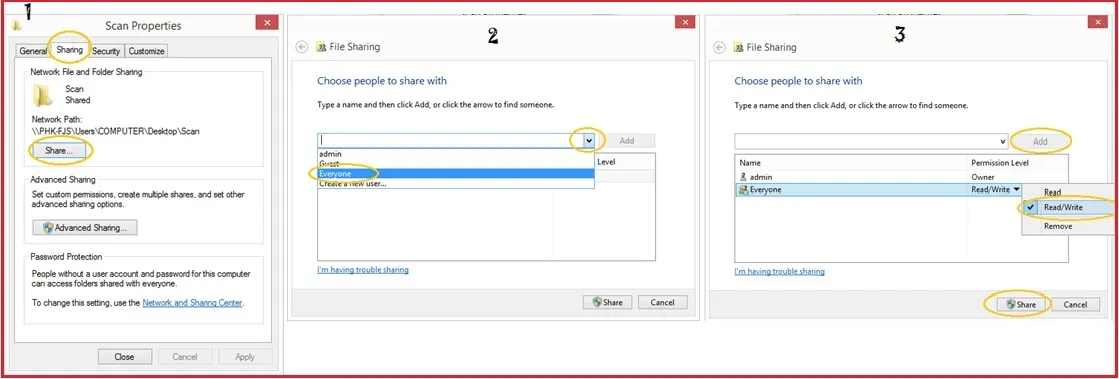 Cấu hình Security Permissions để đảm bảo quyền Full Control khi cài scan máy photocopy Ricoh