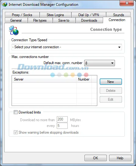 Cấu hình số lượng kết nối tối đa trong tab Connection để tối ưu tốc độ download video.