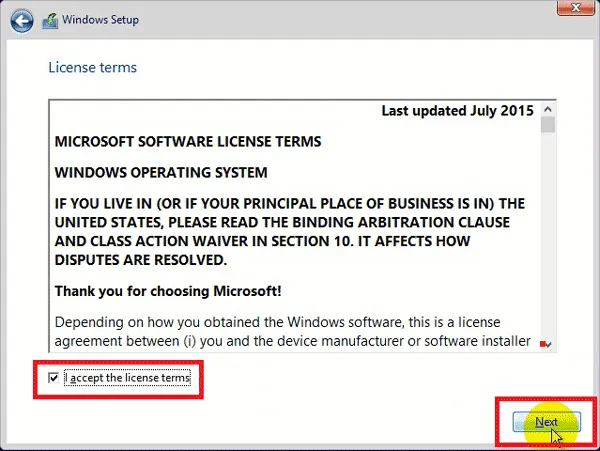 Chấp nhận các điều khoản cấp phép và click Next