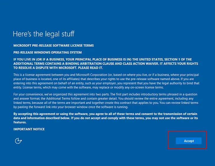 Chấp nhận các điều khoản dịch vụ của Microsoft khi cài đặt win