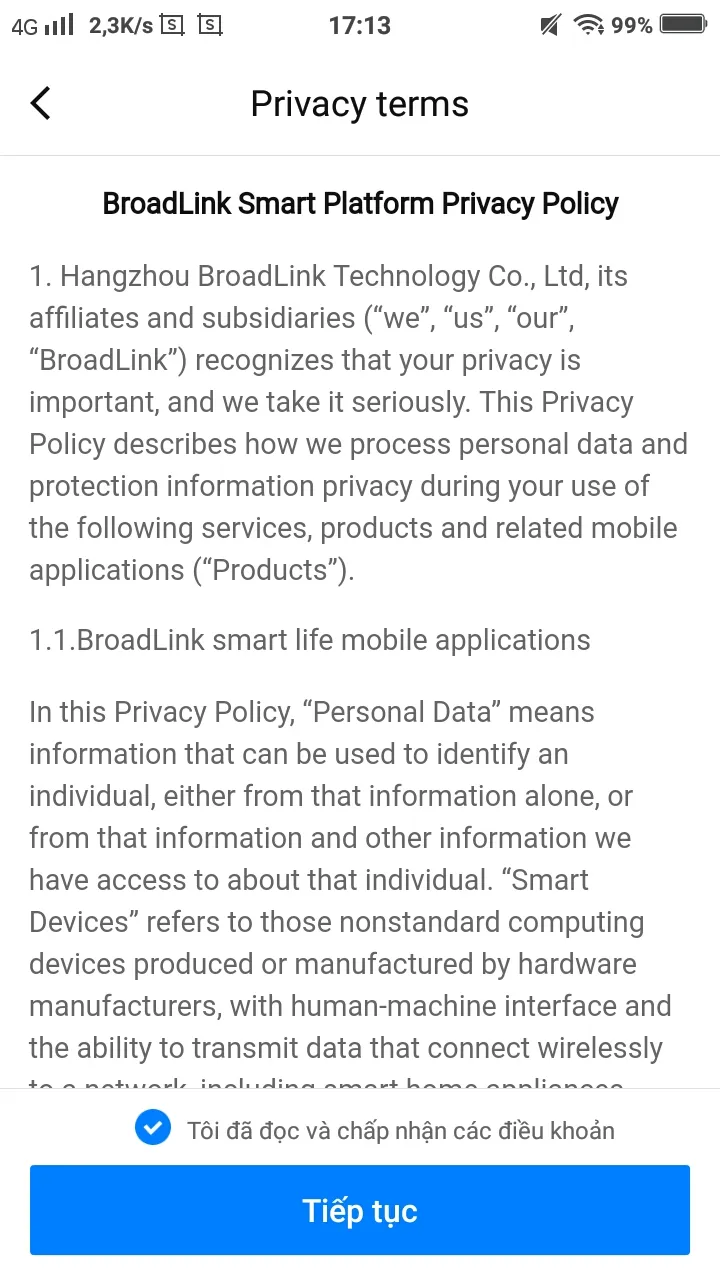 Chấp nhận điều khoản để đăng ký tài khoản BroadLink