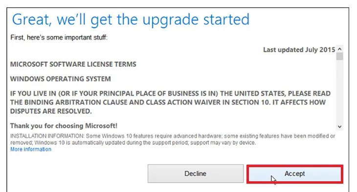 Chấp nhận điều khoản sử dụng khi cài win 8 lên win 10
