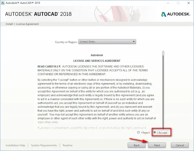 Chấp nhận điều khoản sử dụng phần mềm AutoCAD 2018