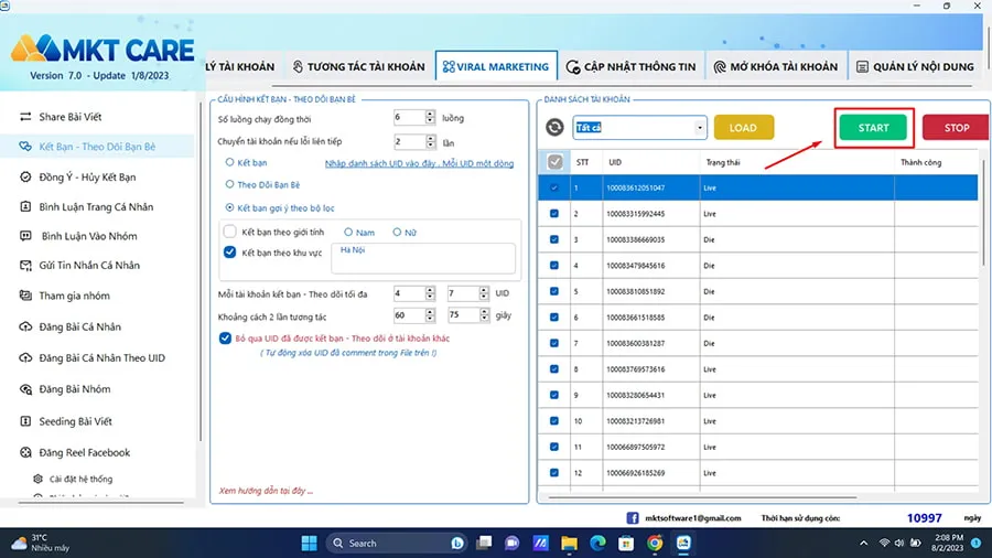 Chạy kịch bản kết bạn theo khu vực
