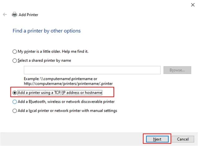 Check vào Add a printer using a TCP/IP address or hostname nhấn Next