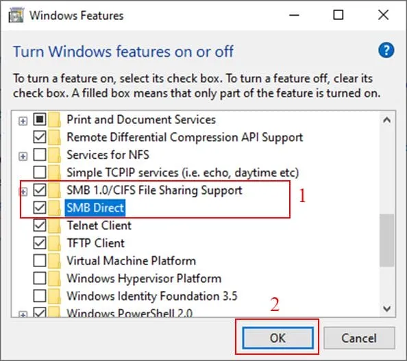 Check vào SMB1.0/CIFS Client và SMB1.0/CIFS Server