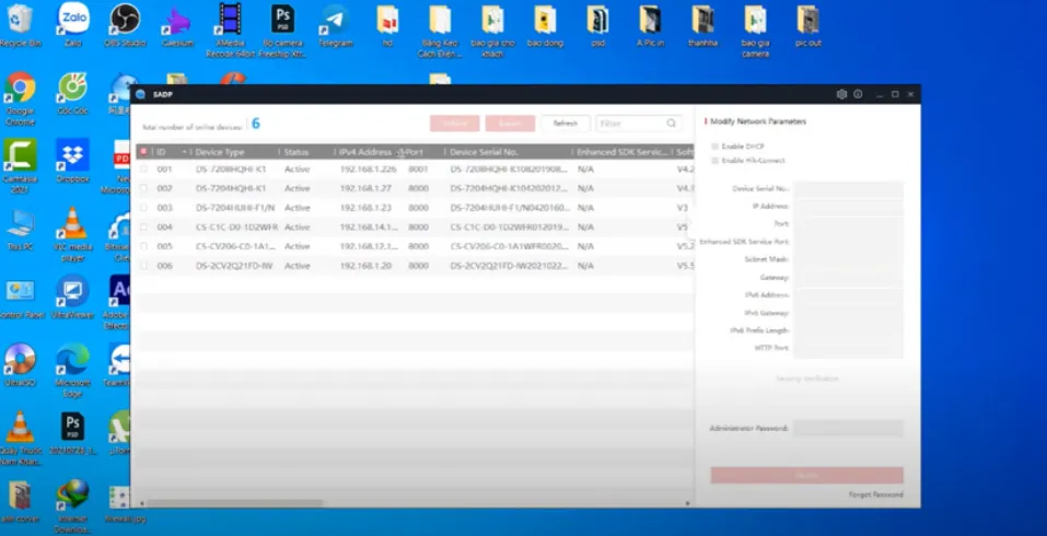 Chi tiết địa chỉ IP và các thông số của camera IP trong phần mềm SADP