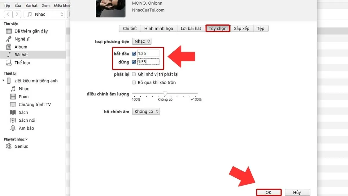 Chỉnh sửa điểm Bắt đầu và Kết thúc đoạn nhạc chuông tối đa 30 giây trong iTunes