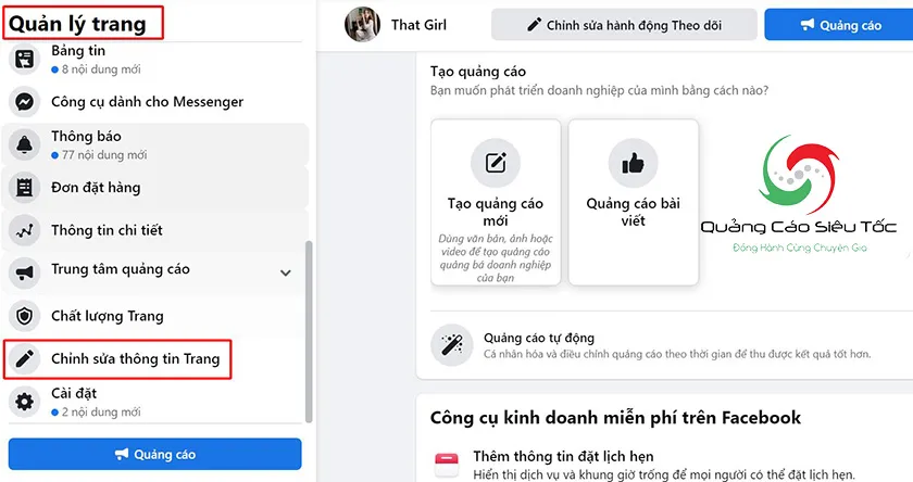 chỉnh sửa link fanpage