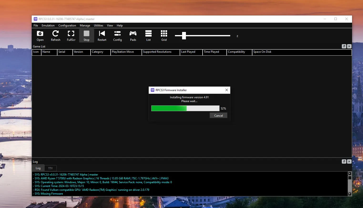 Chờ đợi quá trình cài đặt Firmware và module hoàn tất để bắt đầu chơi game giả lập PS3 trên PC