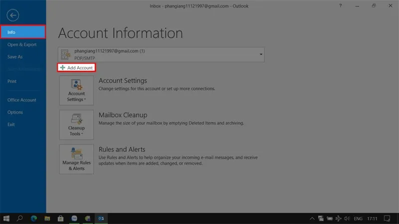 Chọn Add Account trong tab Info để thêm tài khoản email công ty mới vào Outlook
