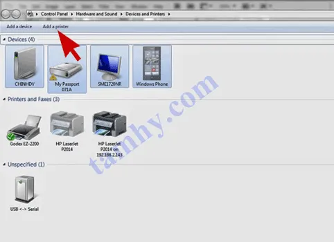 Chọn Add printer để bắt đầu cách cài máy in vào máy tính win 7